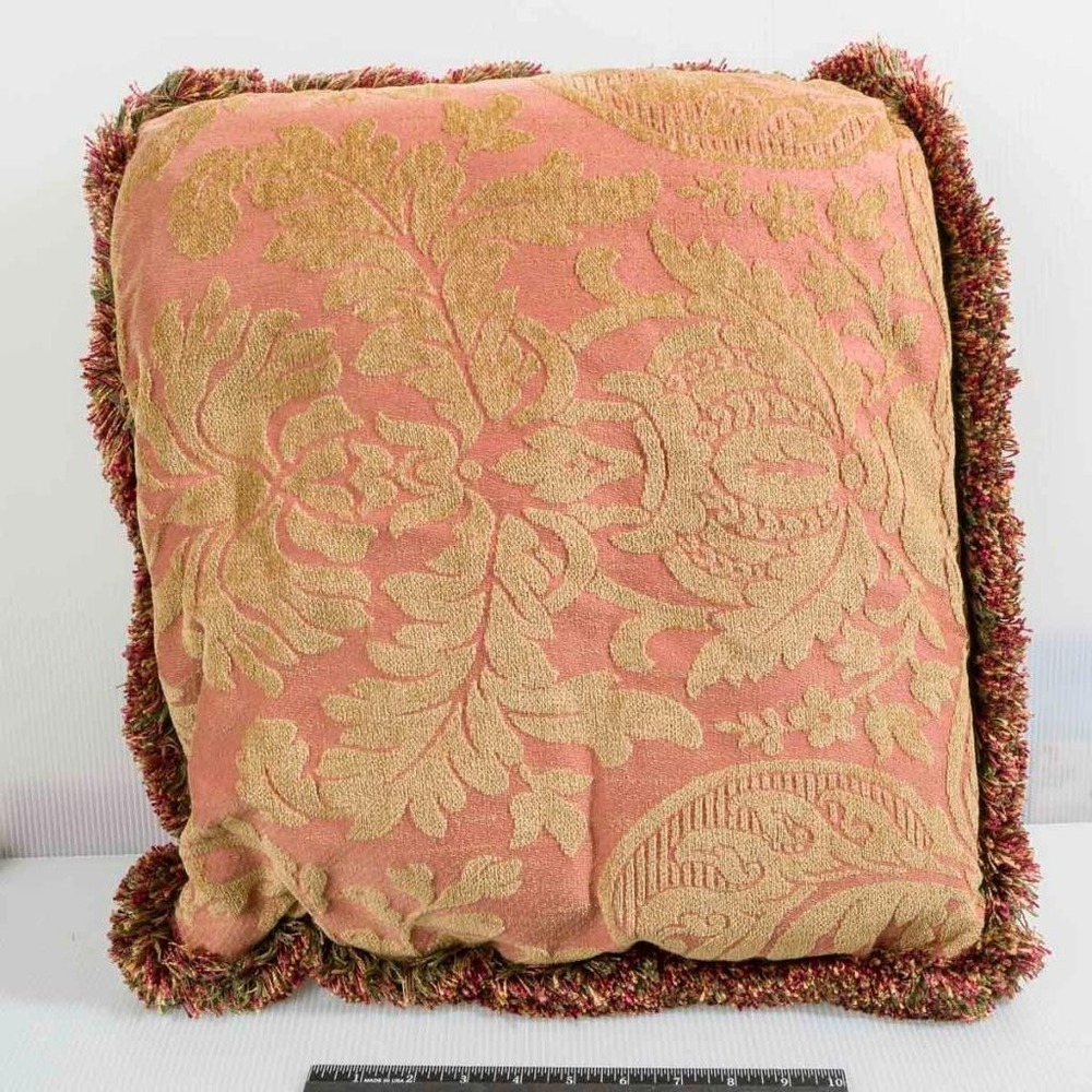Baker Furniture Red Gold Damask Throw Pillow 18x18 Feather Stuffed Fringe Trim